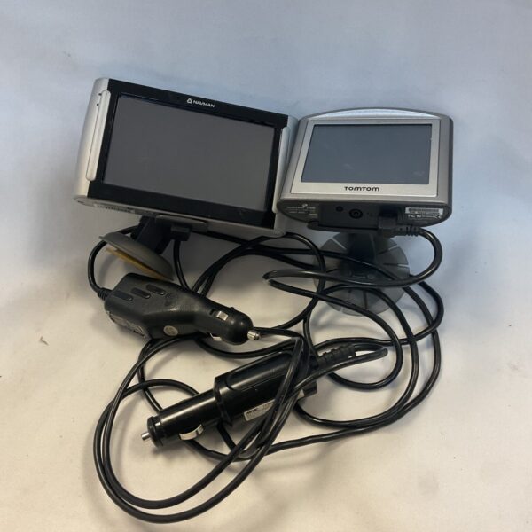 Navman and TomTom sat nav bundle with cables displayed.