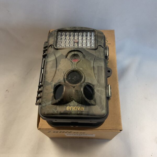 Front view of an Enova trail camera with camouflage pattern.