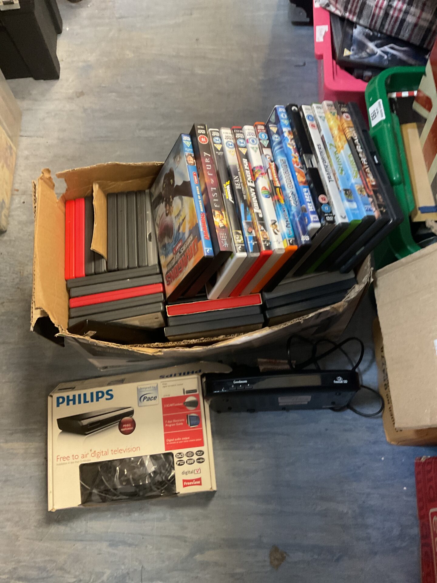 270 Box of childrens dvds & freesat tv box