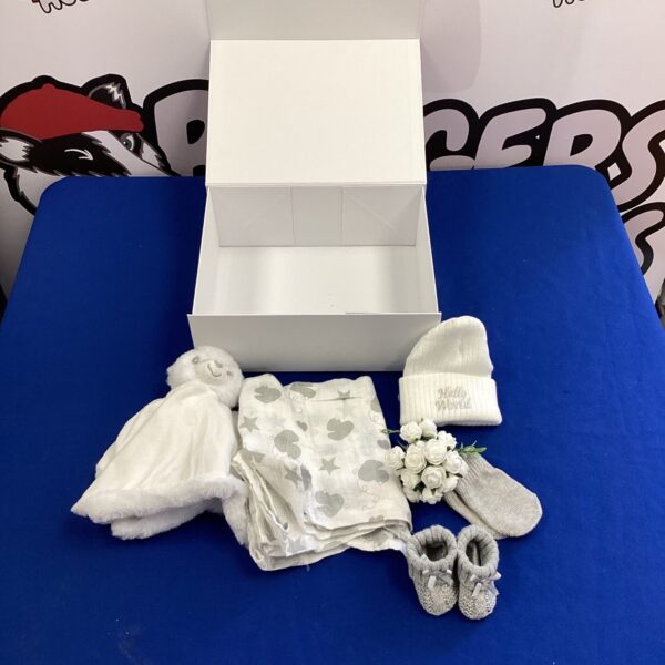 Boxed baby gift set with blanket, hat and socks.