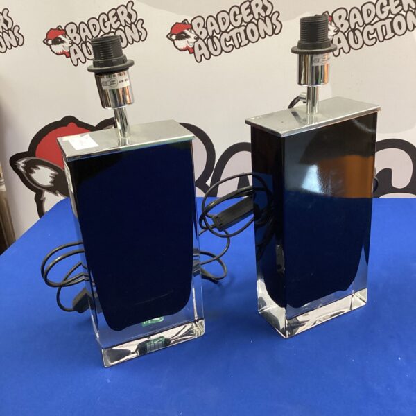 Pair of vintage art glass table lamps with geometric design.