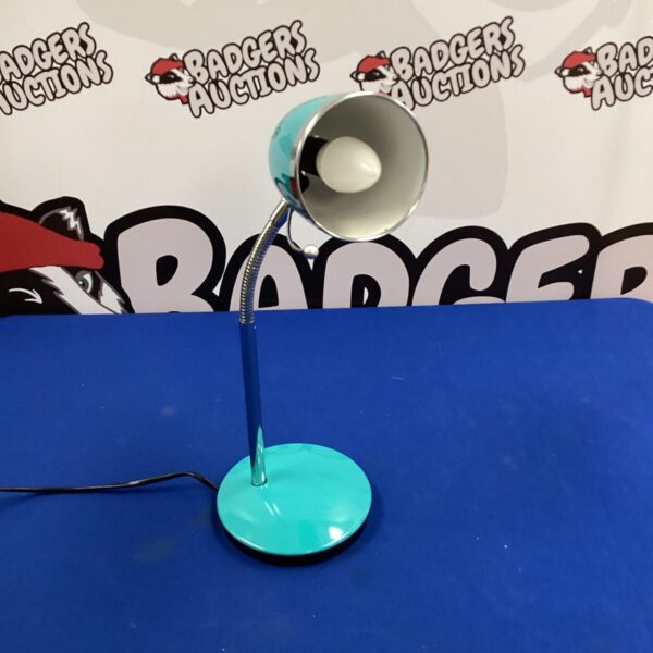 Turquoise Dunelm table lamp with flexible head.