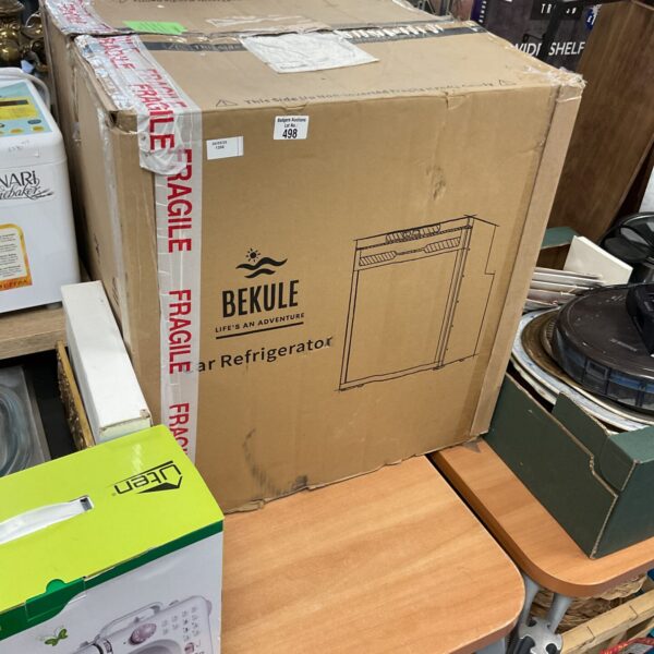 Bekule car refrigerator in original packaging, ready for travel.