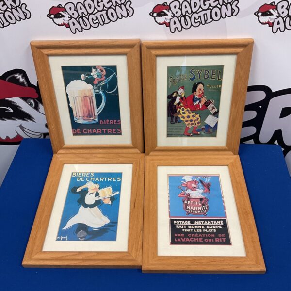 Set of four framed French advertising prints, vintage wall art.