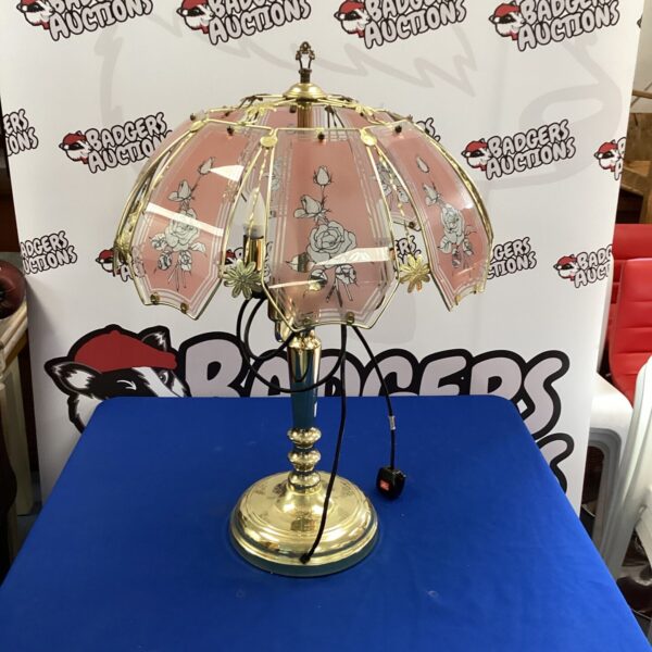 Vintage brass tri head table lamp with rose patterned glass.