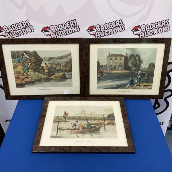 Set of three framed vintage fishing prints for country decor.