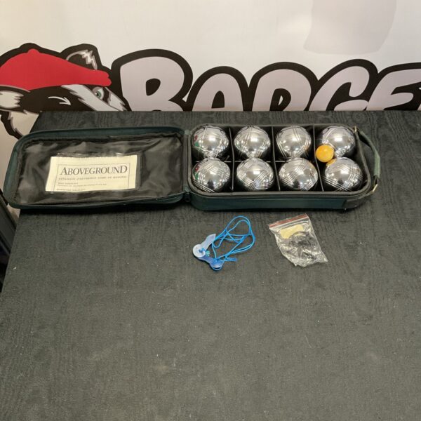 Silver boules set for playing pétanque outdoors.