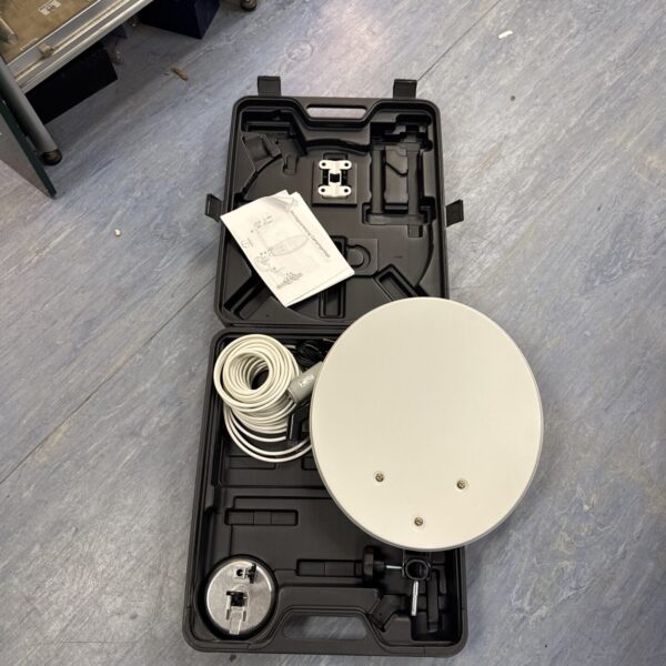 Portable caravan satellite kit with dish and carrying case.