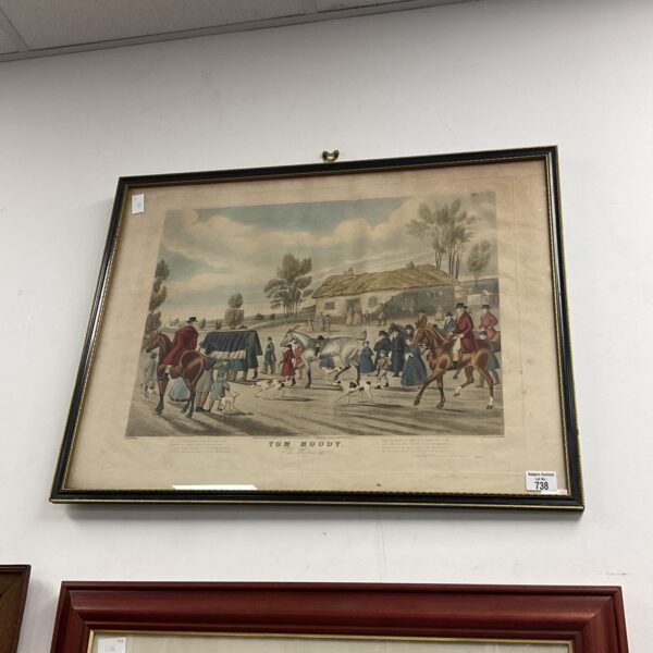 Victorian engraving of a hunting scene titled "Tom Moody" from 1854.