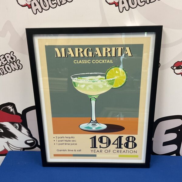 Framed Margarita recipe print for home bar decor.
