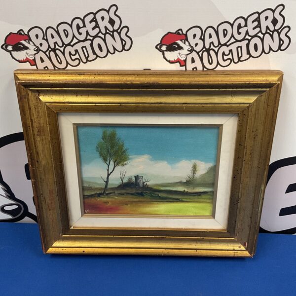 Vintage country landscape painting signed Goy with castle ruins.