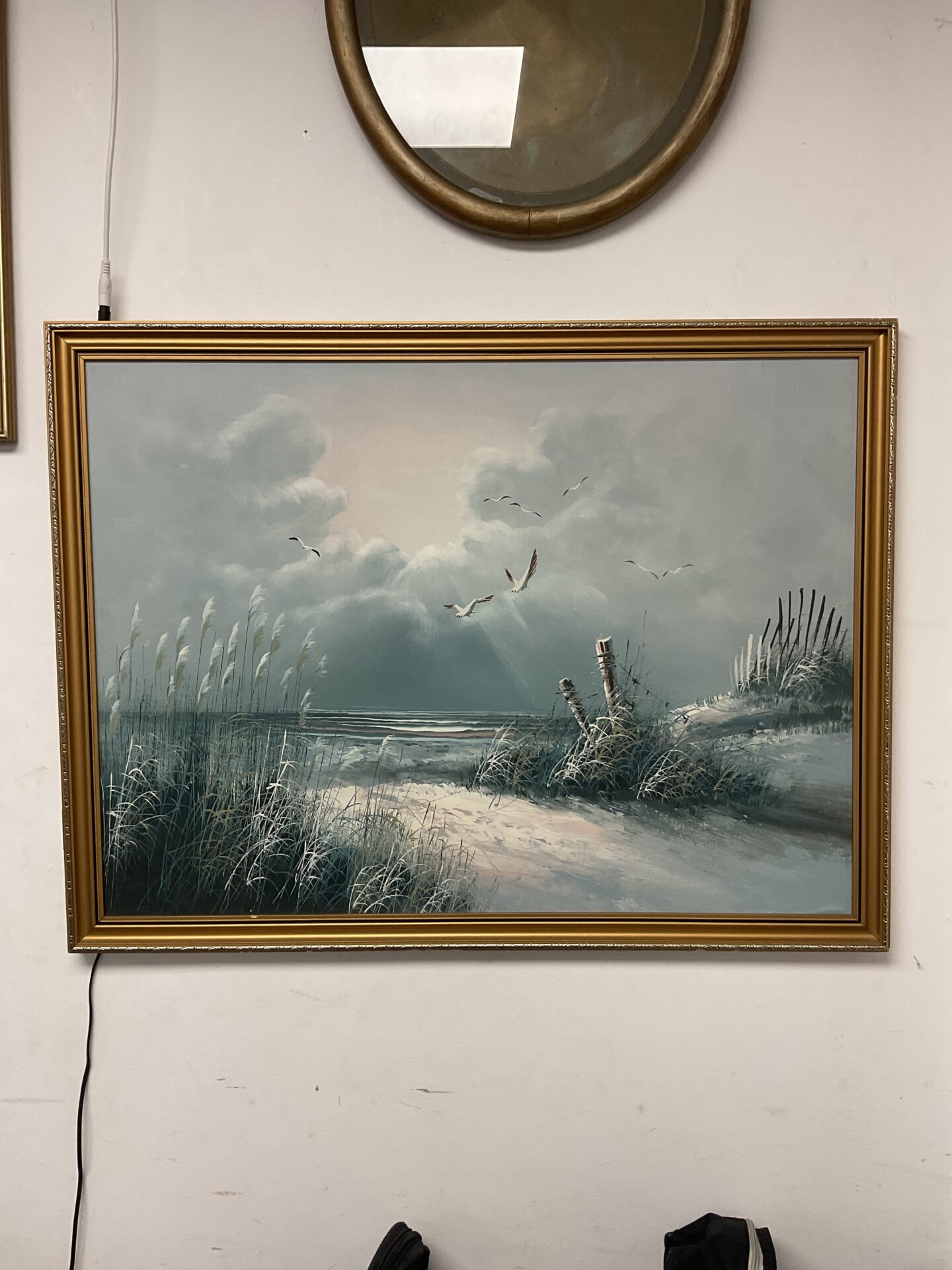 749 Original oil painting on board of a coastline with seagulls