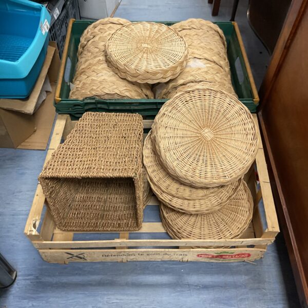 Vintage wicker trays and basket for rustic home decor.