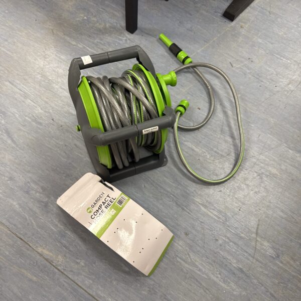 Compact Mygarden garden hose reel for outdoor watering.
