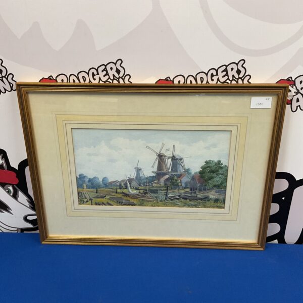 Antique watercolour painting of a Dutch river landscape with windmills by W C Edwards.