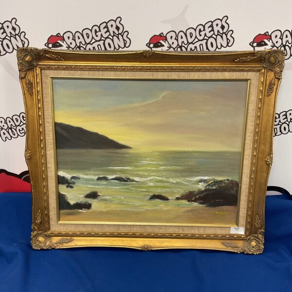 Vintage M Jones coastal oil painting depicting a dusk seascape.