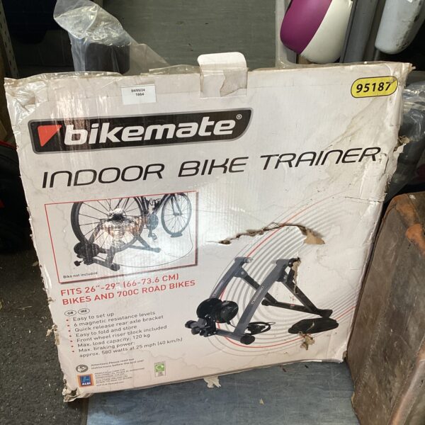 New Bikemate bike trainer in original packaging for indoor cycling.