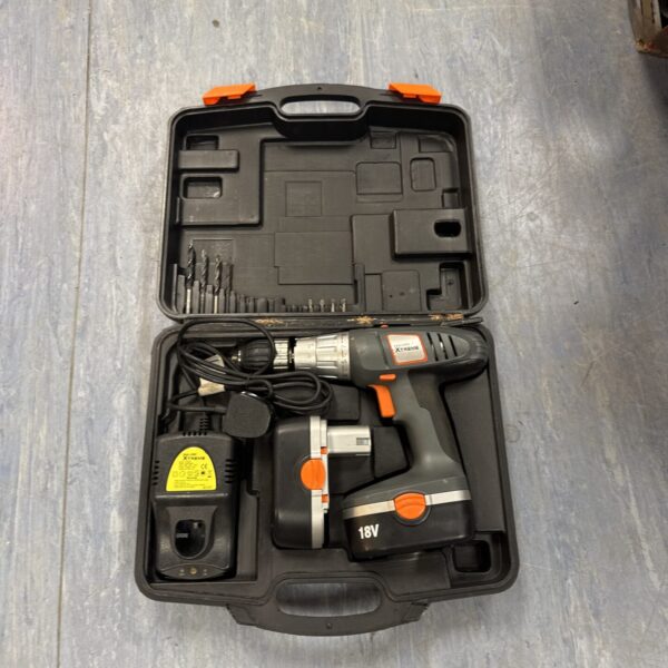 Challenge 18V cordless drill in carry case with accessories.