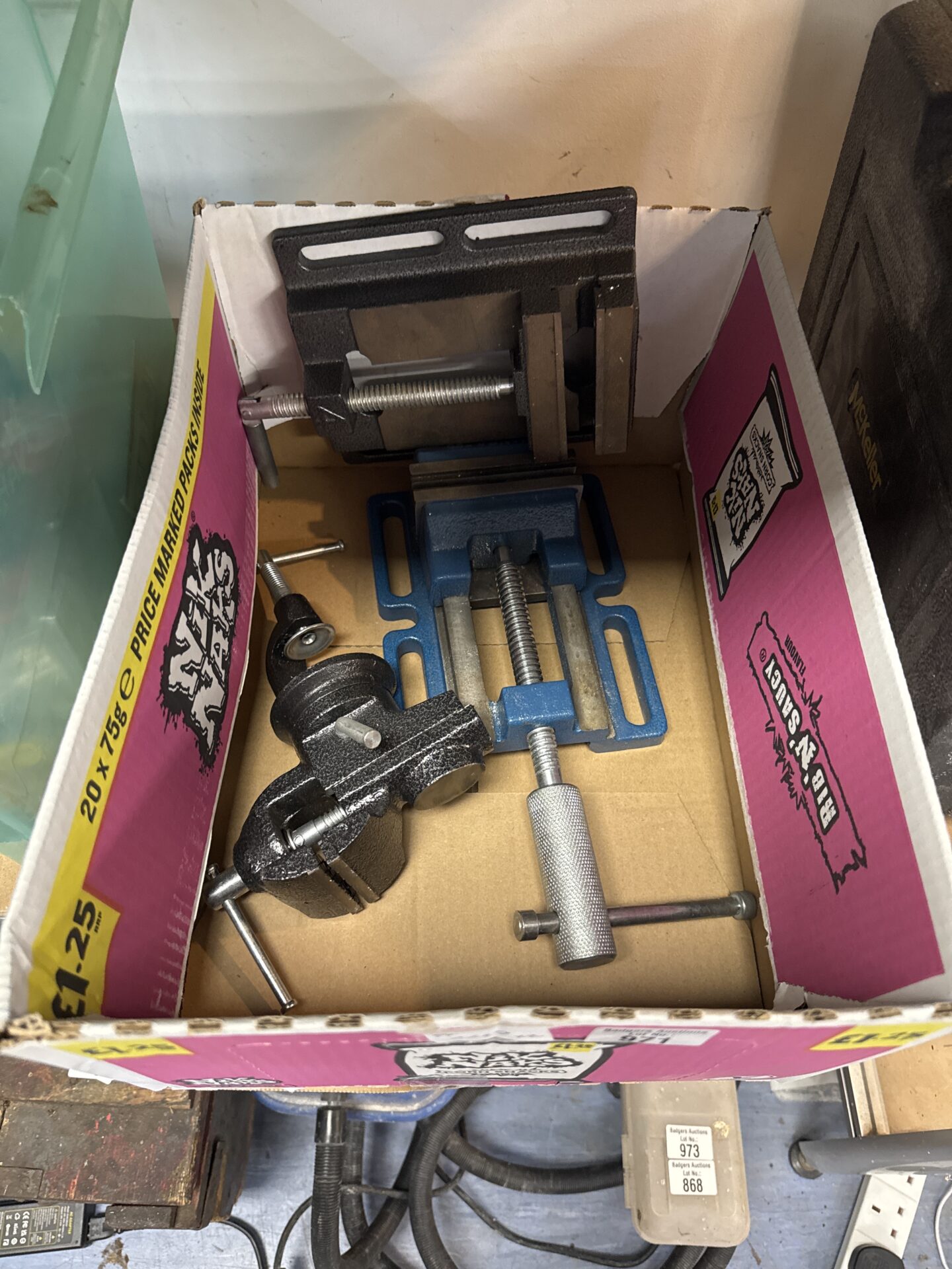 971 Two drill vices and clamp on bench vice