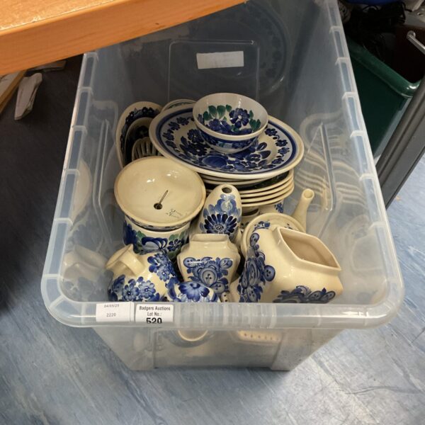 Crate of vintage blue and white china dinnerware set.