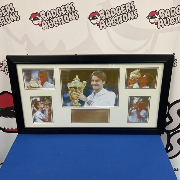 Framed collection of photographic prints featuring tennis legends.