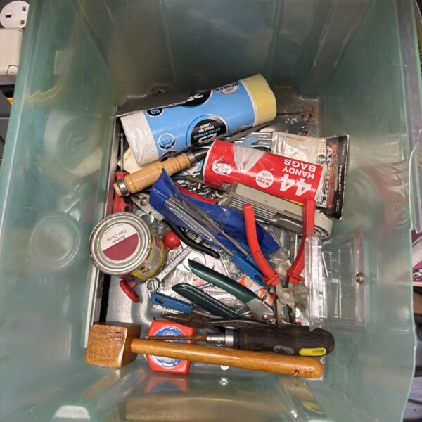 Assorted garden and DIY tools in a shed clearance lot.