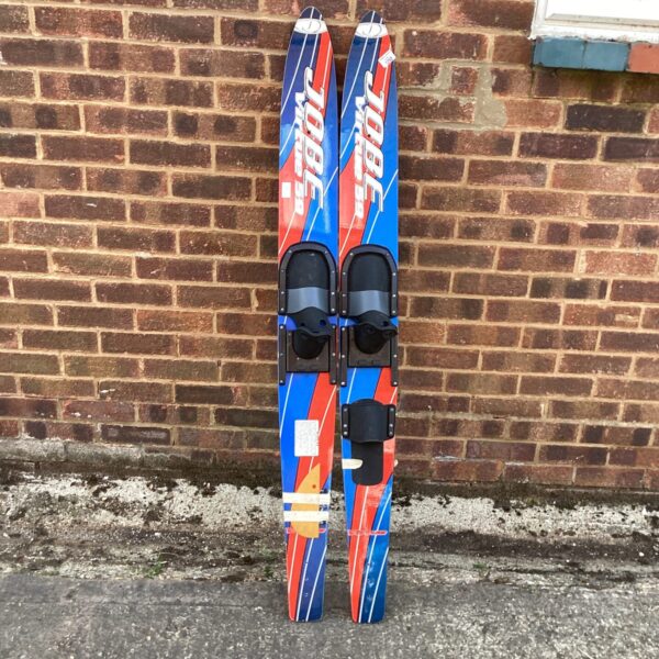 Pair of Jobe water skis with bindings for water sports.