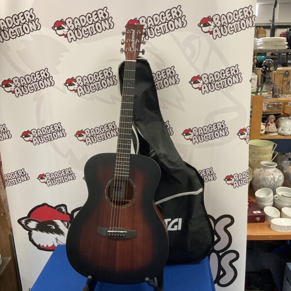 Red burst Tanglewood Crossroads acoustic guitar with stand and accessories.