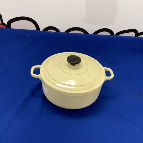 Vibrant red Chasseur cast iron casserole pot with lid.