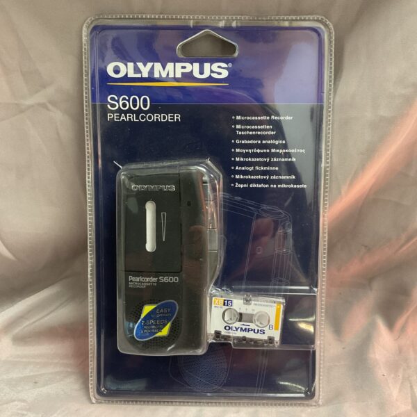 Front view of vintage Olympus S600 microcassette recorder.