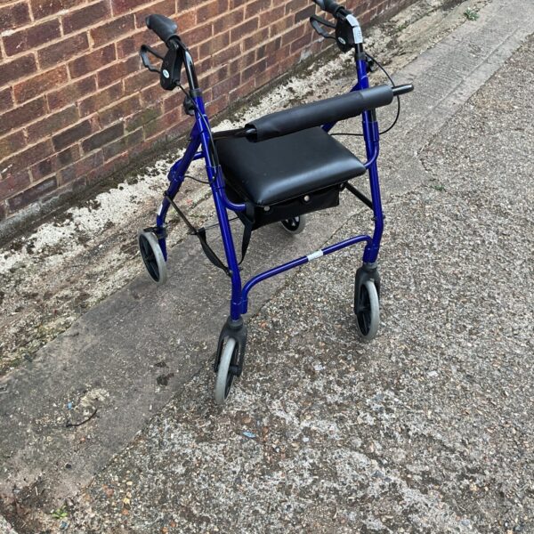 Blue Days walking trolley with a padded seat and adjustable handles.