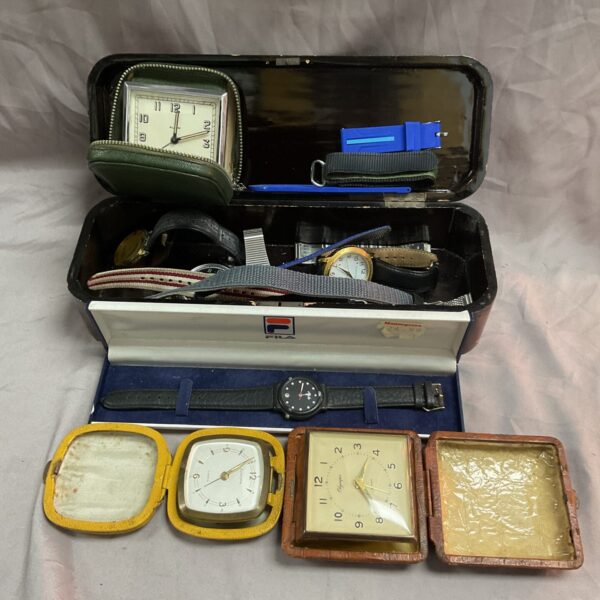 Vintage watch lot with travel clocks and new straps.