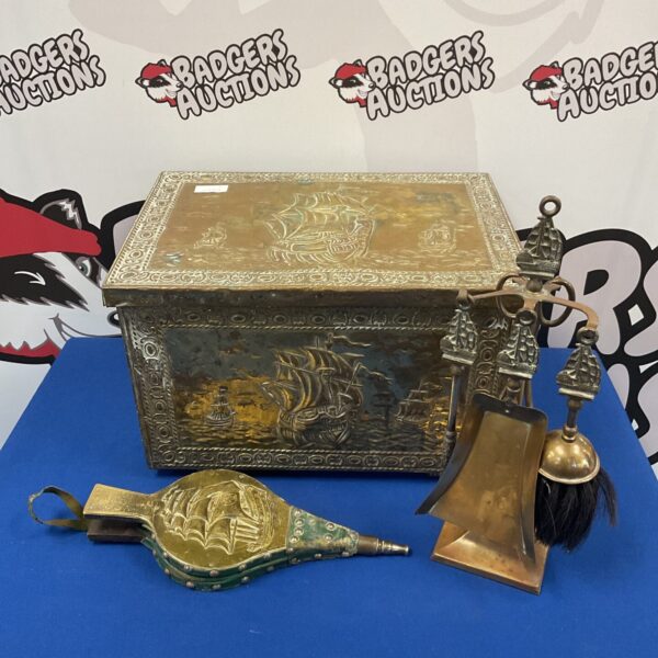 Detailed vintage brass ship log box with bellows and companion set.