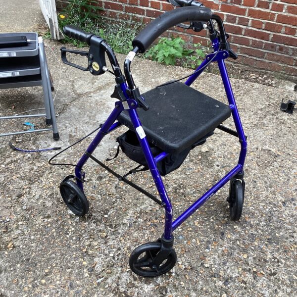 Blue rolling walker aid with padded seat for senior mobility.