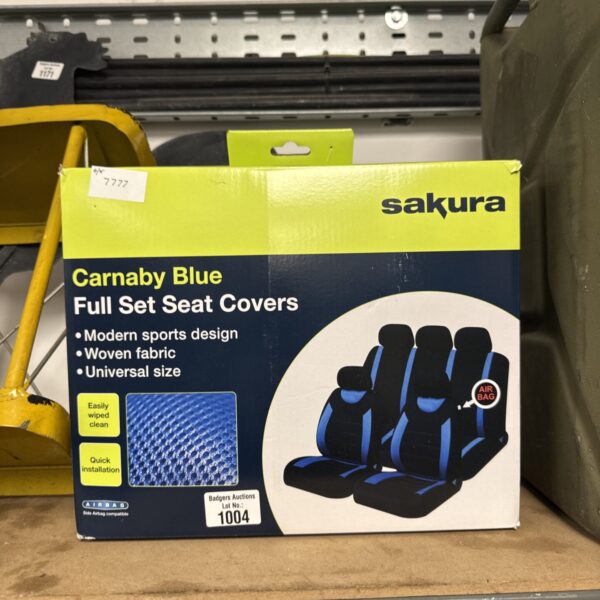 Blue woven Sakura car seat covers for vehicle interior protection.