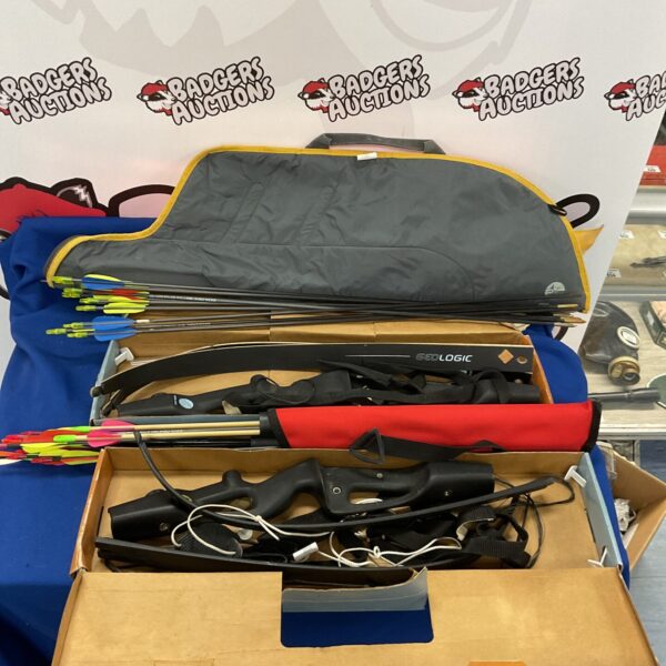 Geologic compound bow set with arrows, archery equipment.