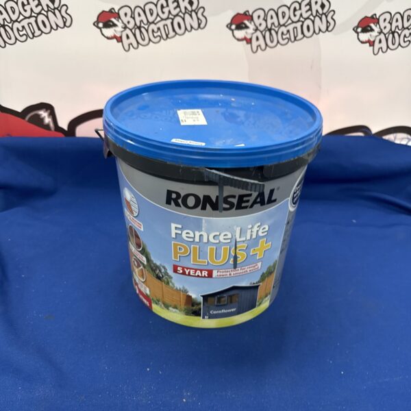 Part-used tub of Ronseal Fence Life Plus cornflower blue garden paint.