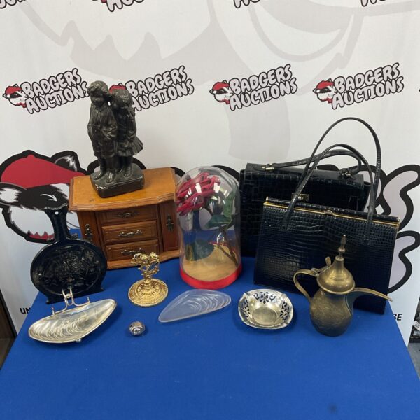 Vintage mixed lot including handbag, silver plate and jewellery box.