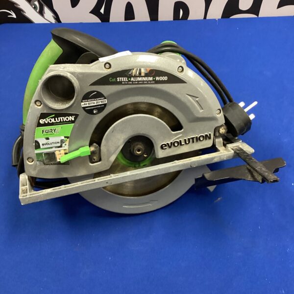 Front view of an Evolution circular saw, a powerful cutting tool.