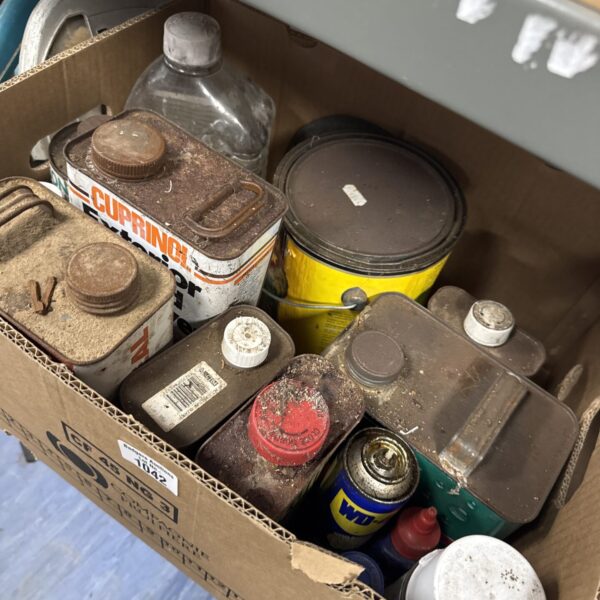 Mixed lot of unidentified shed clearance chemicals and fluids.