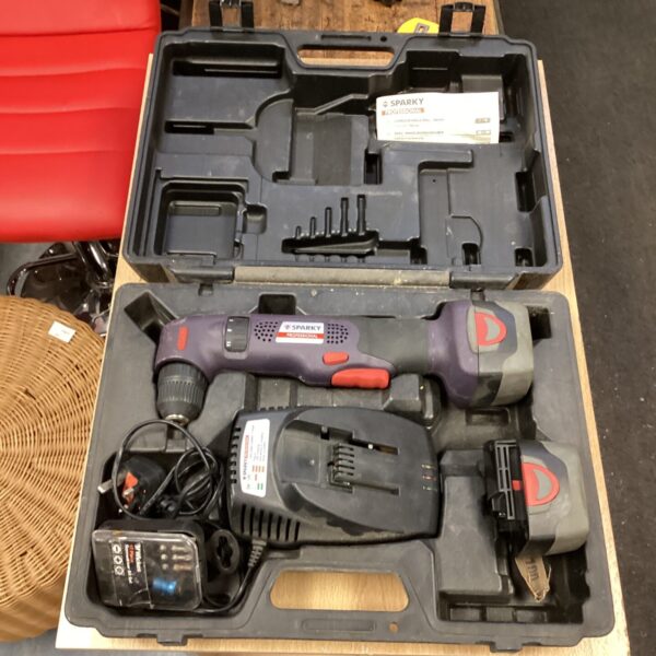 Sparky cordless angle drill in its original carrying case.