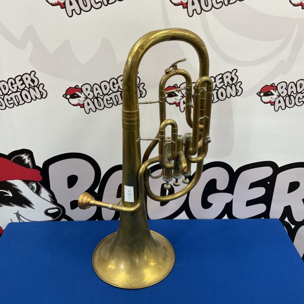 Vintage Weltklang tenor horn with mouthpiece, brass musical instrument.