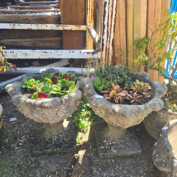 Pair of weathered stone garden planters with flowers.
