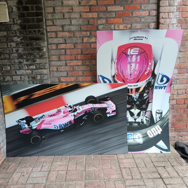 Full view of Esteban Ocon signed Formula 1 pit wall panels.