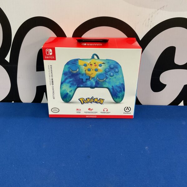 Front view of new sealed Nintendo Switch PowerA tie-dye Pikachu controller.