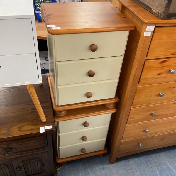 Cream and pine bedside table set for bedroom storage.