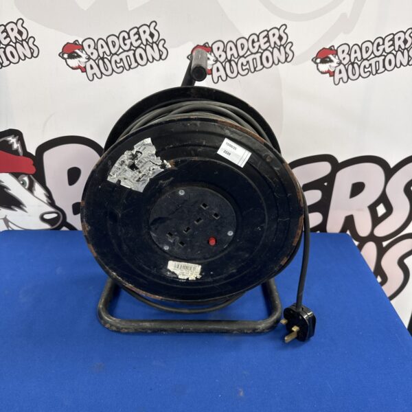 Two-gang extension reel with cable wound around it.
