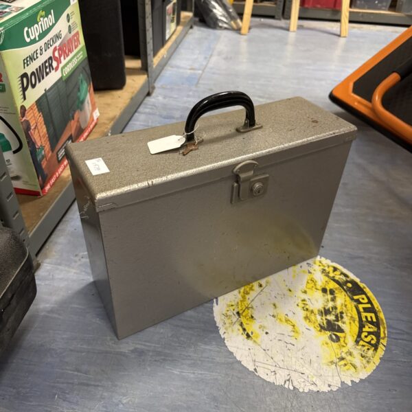 Vintage metal documents box with keys and carrying handle.