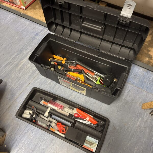 61cm plastic toolbox filled with various hand tools for DIY projects.
