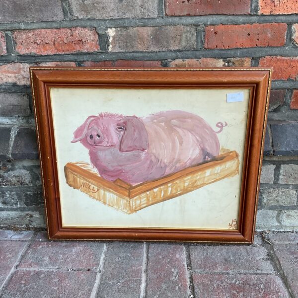 Vintage folk art watercolour painting of a pink pig named Nelly.